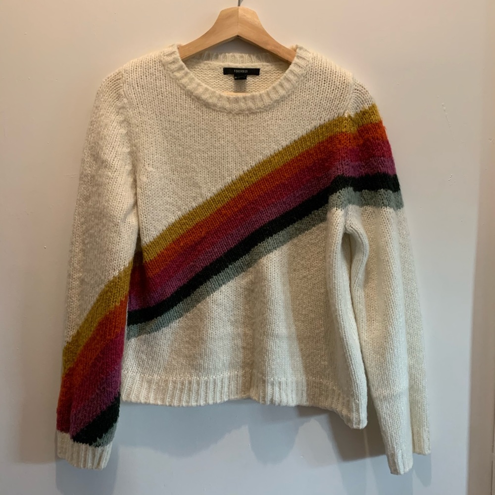 White Rainbow Stripe Forever 21 Sweater